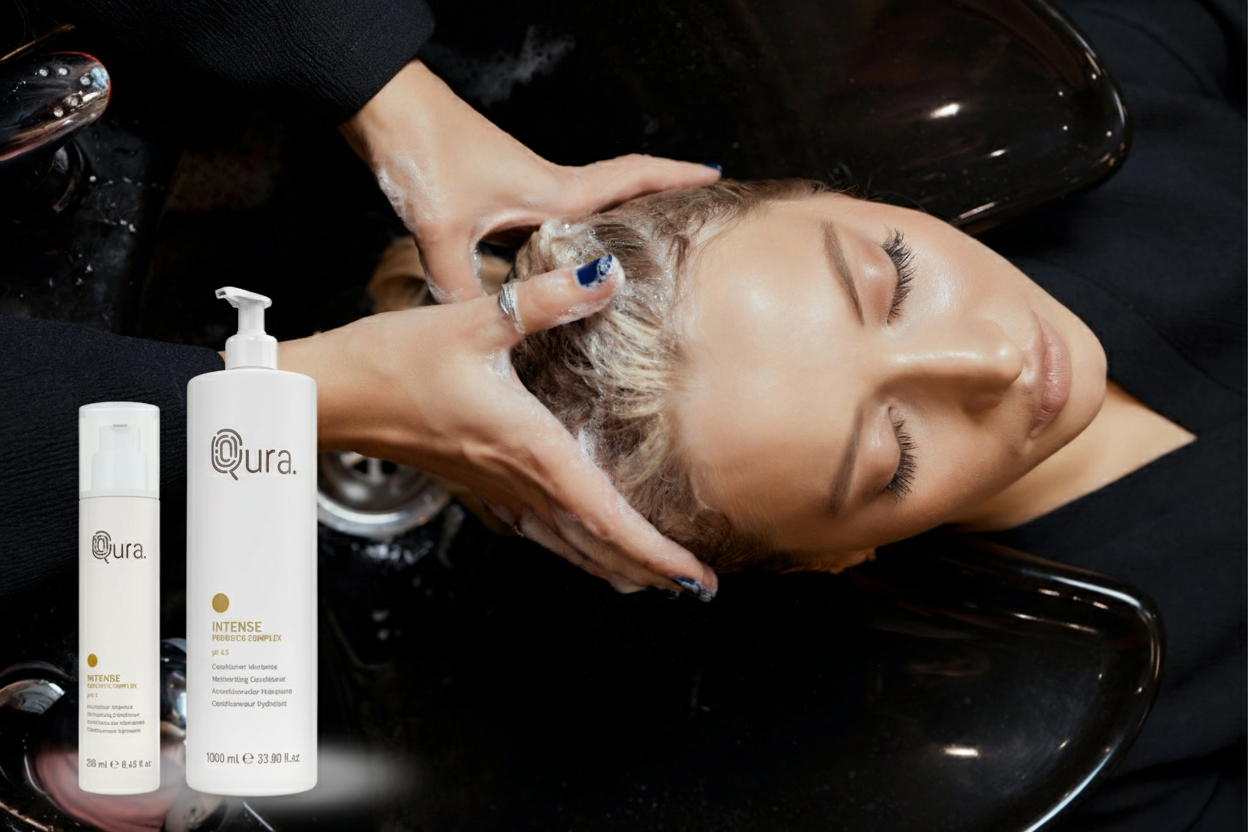 Donna che si fa trattare i capelli al lavatesta di un parrucchiere con prodotti curativi